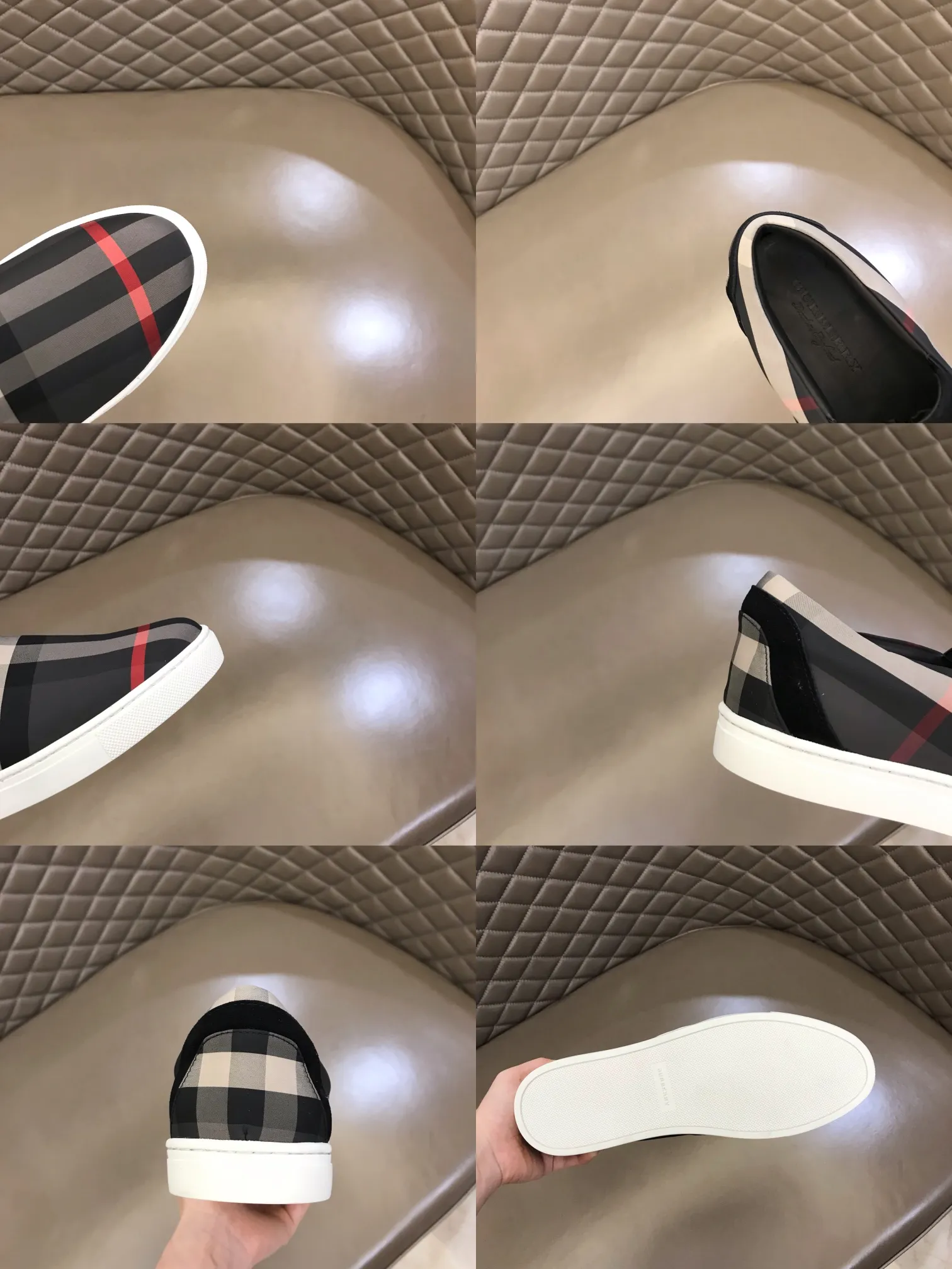 p340 "BURBERR*" men's classic low-top sneakers are reinterpreted in Vintage checkered cotton and matte calfskin, decorated with a new brand logo. First-layer sheepskin lining, embossed Burberry logo on the heel, and original TPU outsole! Size: 38-44